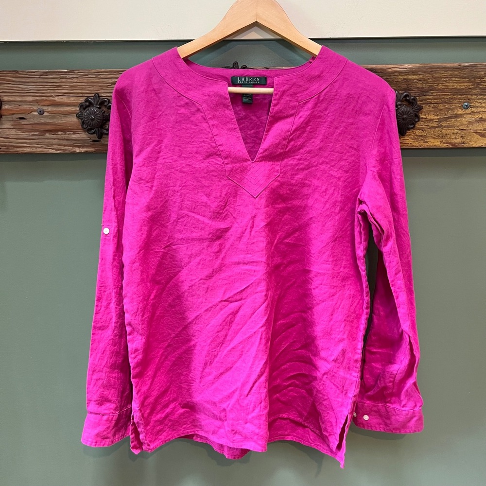 Lauren Ralph Lauren Women L Magenta Pink 100% Linen Roll Tab Split Neck Tunic